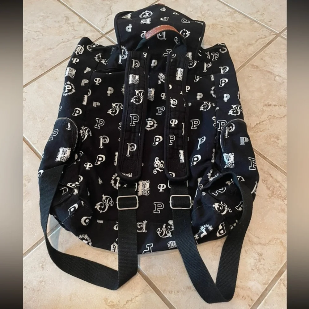 Victoria's Secret Pink Black White P Patterned Drawstring Backpack Multi Use - Picture 6 of 8